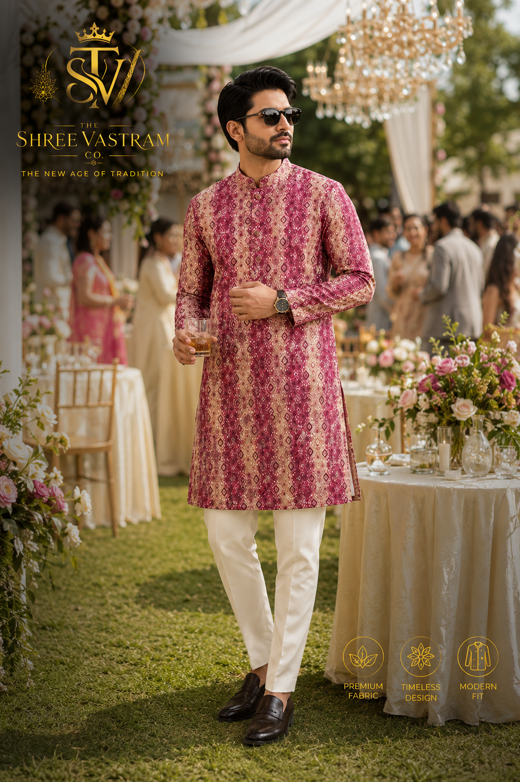 ShreeVastram Crimson Geometric Heritage Brocade Kurta Set